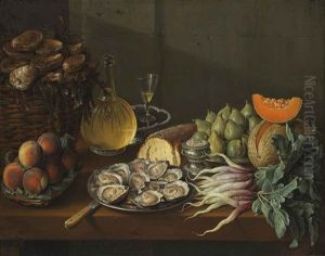 Le Dejeuner Maigre: Oysters, Bread, Wine, Peaches, Pears, Melon, Radishes, Salt And Figs On A Table by Alexandre-Francois Desportes