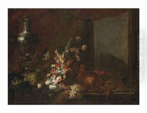 An Urn, A Wicker Basket Filled With Flowers And A Golden Can, All On A Wooden Ledge by Alexandre-Francois Desportes