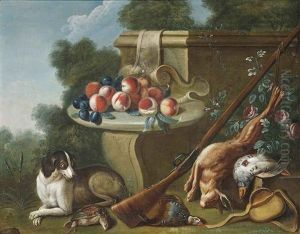 A Hare, A Quail And A Partridge, Peaches And Plums On A Ledge, With A Dog In A Landscape