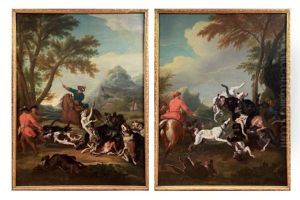 L'hallali Du Sanglier (+ Ours Assailli Par Quatre Chiens' Pair) by Alexandre-Francois Desportes