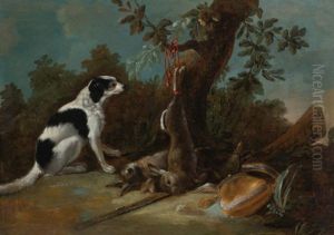 Spaniels Threatening Ducks (+ A Spaniel With Dead Rabbits And Hunting Equipment In A Landscape; Pair) by Alexandre-Francois Desportes