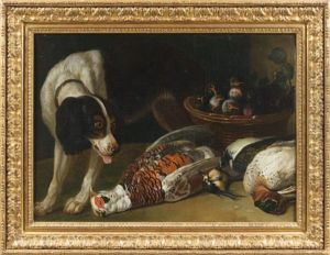 Chien A L'arret Devant Une Perdrix, Des Becasses Et Un Panier De Prunes