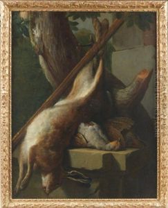 Trophee De Chasse Au Lievre Et Aux Oiseaux Sur Un Entablement