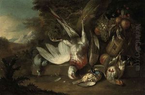 Dead Birds And Grapes, Plums, Peaches And Strawberries In A Basket On A Ledge In A Landscape by Alexandre-Francois Desportes