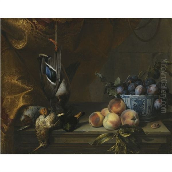 Still Life Of Plums In A Blue And White Porcelain Bowl Together With Peaches, A Partridge And A Woodcock And A Hanging Mallard, All On A Stone Ledge With A Red And Gold Brocade Hanging To The Left - view 1