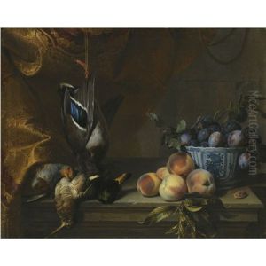 Still Life Of Plums In A Blue And White Porcelain Bowl Together With Peaches, A Partridge And A Woodcock And A Hanging Mallard, All On A Stone Ledge With A Red And Gold Brocade Hanging To The Left