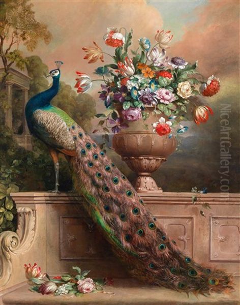 Ein Pfau Und Ein Blumenstraus In Einer Vase Auf Einer Steinbank In Einem Schlosspark - view 1