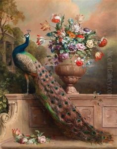 Ein Pfau Und Ein Blumenstraus In Einer Vase Auf Einer Steinbank In Einem Schlosspark