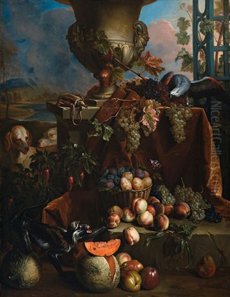 Still Life Of Fruits In A Landscape, With Dogs, Monkey And Parrot - view 1