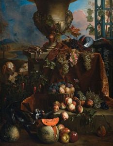 Still Life Of Fruits In A Landscape, With Dogs, Monkey And Parrot by Alexandre-Francois Desportes