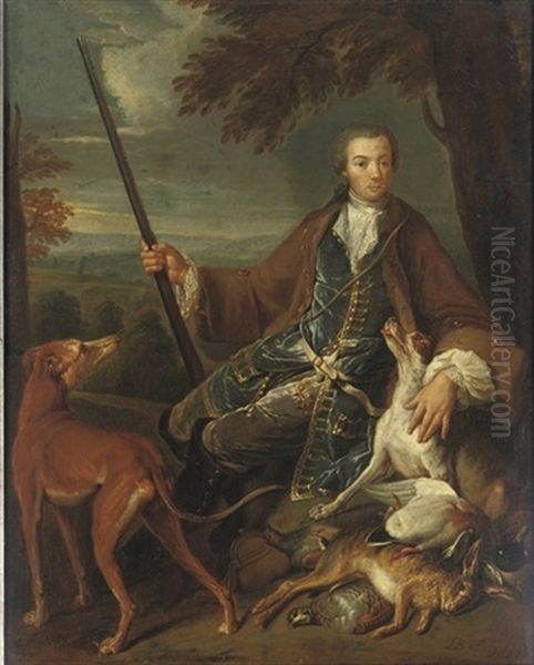 Portrait Of A Young Gentleman, Full-length, In A Hunting Dress With His Hounds In A Landscape - view 1
