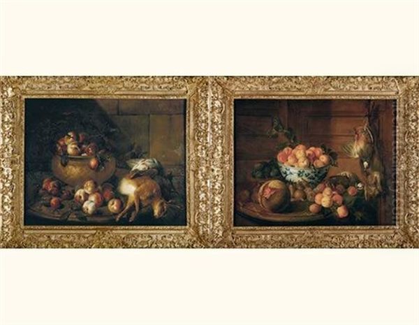 Nature Morte A La Coupe D'abricots Et Au Retour De Chasse, Sur Fond De Mur De Boiserie Et Entablement De Marbre (+ Nature Morte Au Panier De Peches Et Au Retour De Chasse; Pair) - view 1