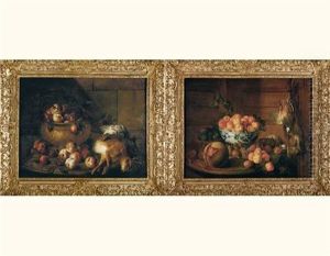 Nature Morte A La Coupe D'abricots Et Au Retour De Chasse, Sur Fond De Mur De Boiserie Et Entablement De Marbre (+ Nature Morte Au Panier De Peches Et Au Retour De Chasse; Pair) by Alexandre-Francois Desportes