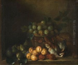 Nature Morte Au Panier De Prunes, Figues, Abricots Et Perdrix Sur Un Entablement by Alexandre-Francois Desportes