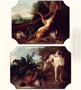 Chien A L'arret Devant Des Perdrix (+ Nature Morte Au Lievre Et Perdrix; Pair)