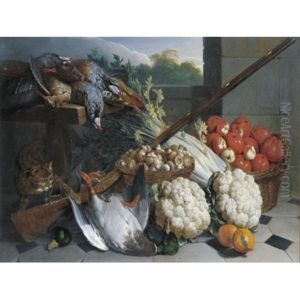 A Still Life Of Game With A Musket, Baskets Of Apples And Mushrooms, A Bunch Of Celery, Two Cauliflowers And A Cat