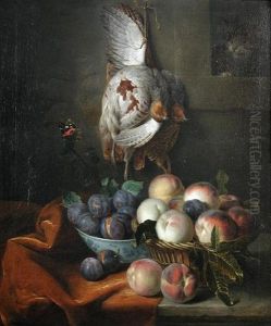 A Brace Of Partridge On A Hook, A Cat Looking Through A Window, With Plums And Peaches In A Kangxi Bowl, And A Red Admiral Butterfly by Alexandre-Francois Desportes