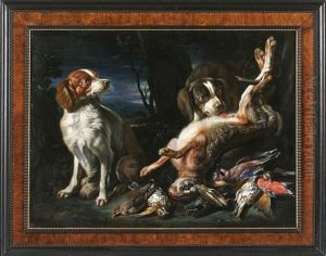Jagdstilleben Mit Zwei Hunden In Abendlicher Landschaft