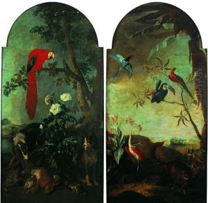Trophee De Chasse Surveille Par Deux Chiens Dans Un Paysage Avec Un Perroquet (+ Paysage Anime De Volatiles Avec Un Tapir; Pair) by Alexandre-Francois Desportes