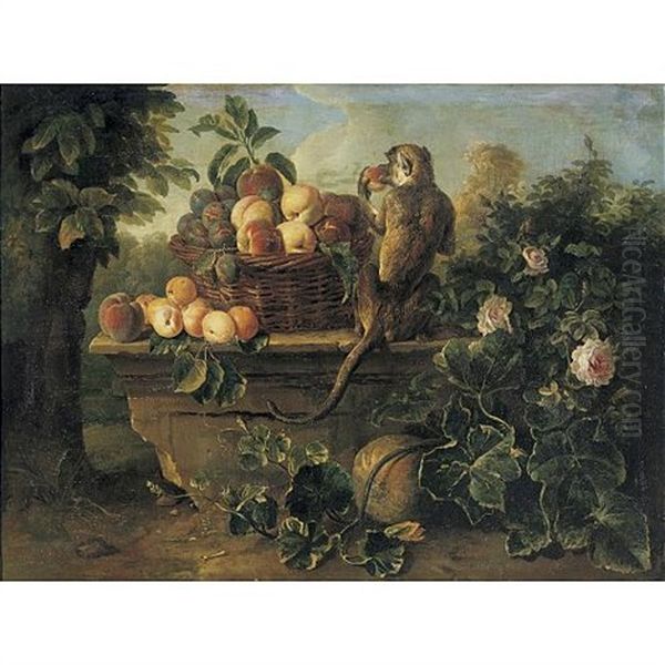 Still Life With A Monkey And A Basket Of Fruit Resting On A Ledge With A Landscape Beyond - view 1