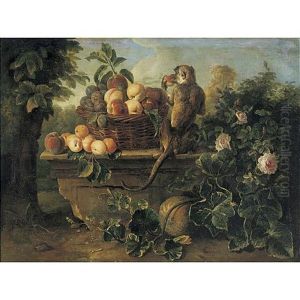 Still Life With A Monkey And A Basket Of Fruit Resting On A Ledge With A Landscape Beyond by Alexandre-Francois Desportes