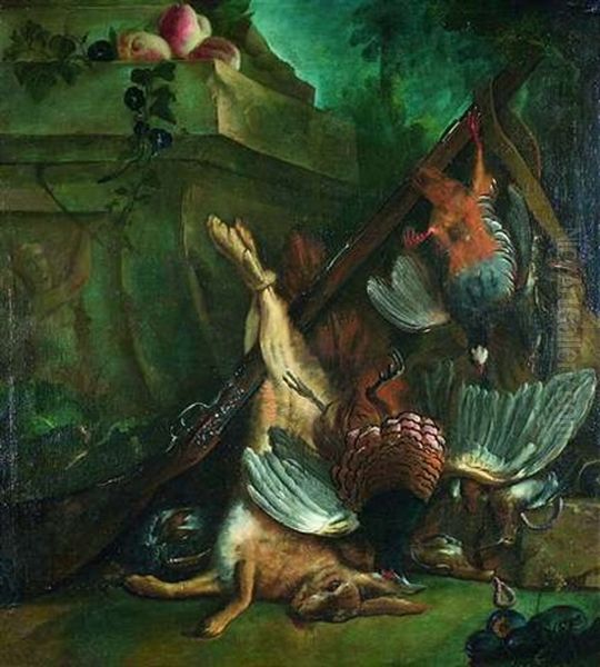 Groses Jagdstilleben Mit Einem Erlegten Hasen, Einem Goldfasan Und Anderen Wildvogeln Vor Einem Steinpodest - view 1