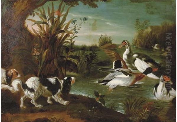 Spaniels Threatening Ducks In A River Landscape (+ Still Life; 2 Works) - view 1