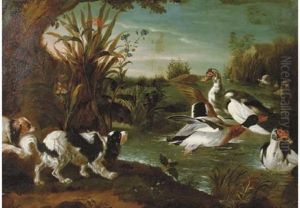 Spaniels Threatening Ducks In A River Landscape (+ Still Life; 2 Works) by Alexandre-Francois Desportes