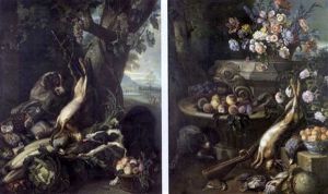 Deux Pendants, Gibiers, Fleurs, Fruits Et Chiens