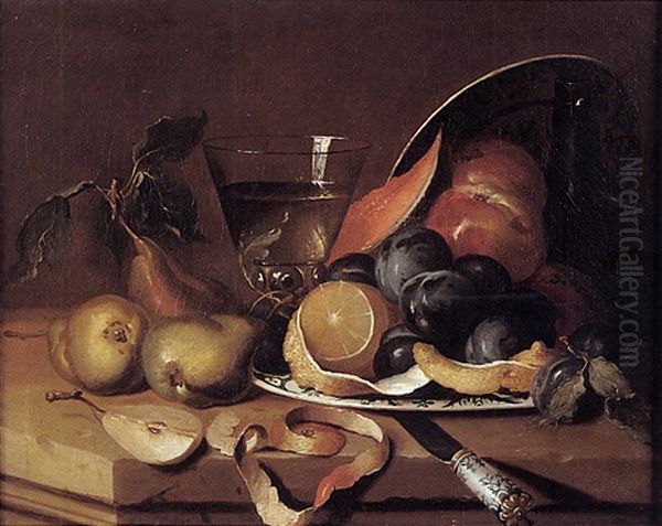 Nature Morte Aux Fruits Et Verre De Vin Sur Un Entablement - view 1