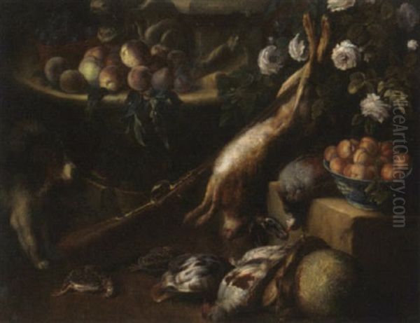 A Dead Hare, Woodcock And Pheasants On Ledges In A Garden, With Plums, A Bowl Of Peaches, A Gun And A Dog - view 1