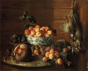 Plums In A Basket And Apricots In A Blue And White Bowl, With Figs, A Melon, Plums, Peaches And A Red-legged Partridge