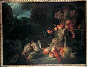 Nature Morte Au Panier De Raisins, Abricots, Peches Et Perdrix Sur Fond De Paysage by Alexandre-Francois Desportes