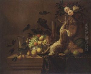 Peaches, Oranges And Plums In A Blue And White Porcelain Bowl With Grapes On The Vine, A Rabbit And An Ormulu Vase On A Stone Ledge by Alexandre-Francois Desportes