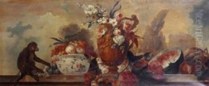 Flowers In An Ornamental Vase, Fruit In A Porcelain Bowl, A Watermelon, Pumpkin And A Pomegranate With A Monkey On A Balustrade