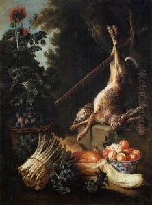 A Hunting Still Life With A Dead Hare And Game Birds On A Stone Plinth, With A Basket Of Plums And A Bowl Of Peaches by Alexandre-Francois Desportes