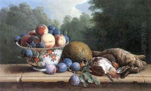 Nature Morte A La Coupe De Peches, Prunes Et Pieces De Gibier Sur Un Entablement