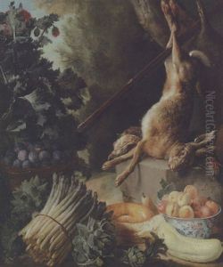 A Hunting Still Life With A Dead Hare And Game Birds On A Stone Plinth With Various Vegetables, A Pear, A Basket Of Plums And A Bowl Of Peaches by Alexandre-Francois Desportes