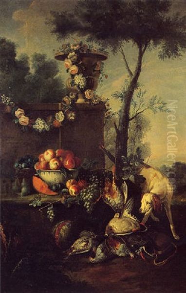 Buffet Garni De Fleurs Et Fruits, Au Chien Et Aux Trophees De Chasse - view 1