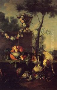 Buffet Garni De Fleurs Et Fruits, Au Chien Et Aux Trophees De Chasse by Alexandre-Francois Desportes
