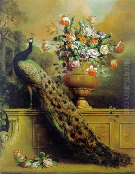 Ein Pfau Und Ein Blumenstraus In Einer Vase Auf Einer Steinernen Bank In Einem Schlospark - view 1