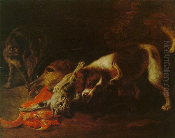 A Spaniel Attacking Two Cats - view 1