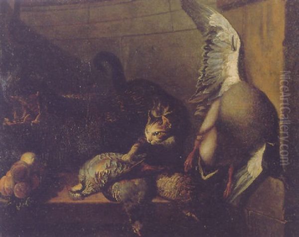 A Still Life Of A Cat Amid Dead Game Within An Alcove - view 1