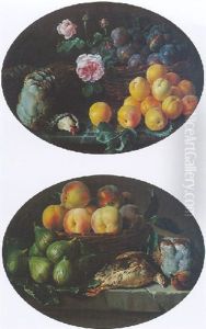 Nature Morte Au Panier De Quetsches Et Perdrix Sur Un Entablement