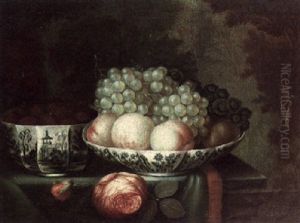A Still Life Of Roses, Grapes, Peaches And Other Fruit On Chinese Blue And White Tableware, All Upon A Draped Stone Ledge by Alexandre-Francois Desportes