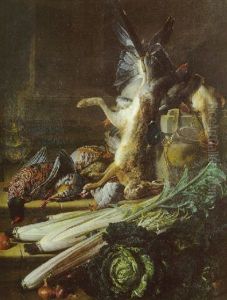 L'automne: Nature Morte Aux Trophees De Chasse, Legumes Et Brule-parfum Au Pied D'un Escalier