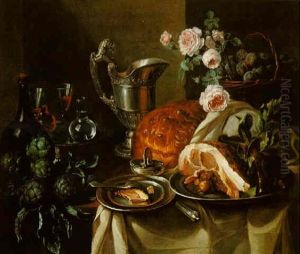 Still Life Of A Ham On A Pewter Plate, Artichokes, Wine Botte, Silver Jug.......all On A Table Draped With White Cloth