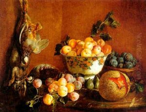 Still Life With Fruits Plums In A Basket, Preaches In A Bowl, Figs And A Melon On A Marble Table With Game Hanging To The Right by Alexandre-Francois Desportes