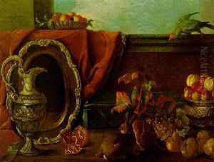 Still Life With An Ornate Silver Ewer And Platter, Fruit, Rabbits, A Parrot And Other Objects, All On A Terrace by Alexandre-Francois Desportes