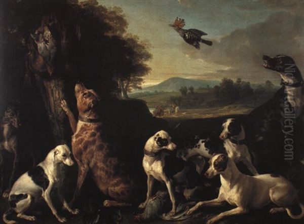 Hounds With Game In A Landscape, A Hoopoe Flying Overhead - view 1